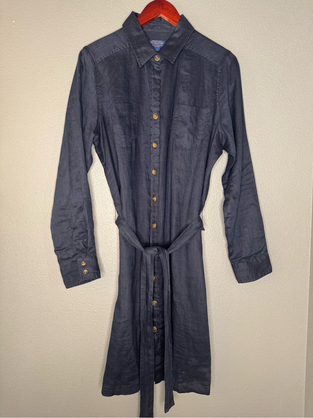 Pendleton 100% Linen Belted Shirt Dress Womens L Navy Long Sleeve